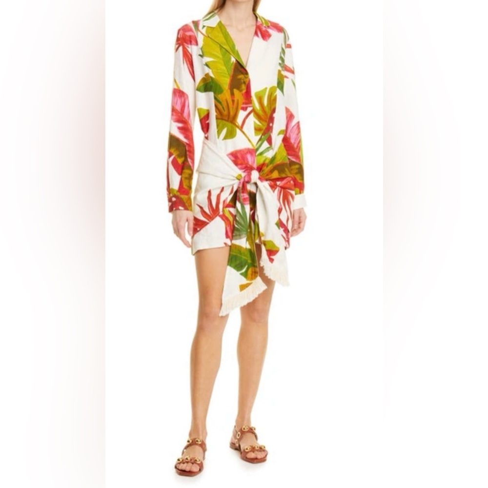 FARM Rio White Tropical Print Tie-Waist Mini Dress